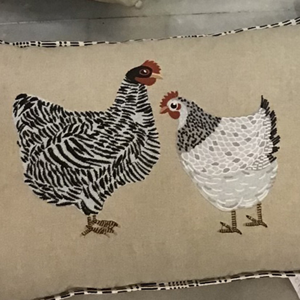 Two Chickens Linen 16x24 Embroidered Pillow